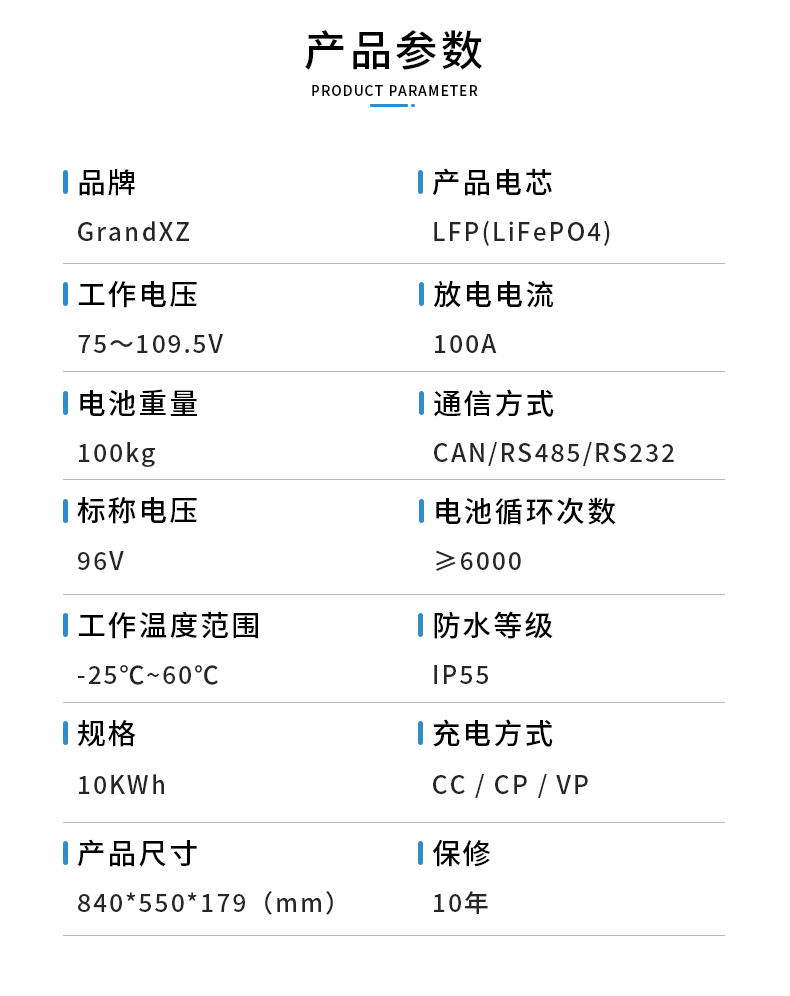 GrandXZ雄展能源96V100ah壁挂储能电池产品参数