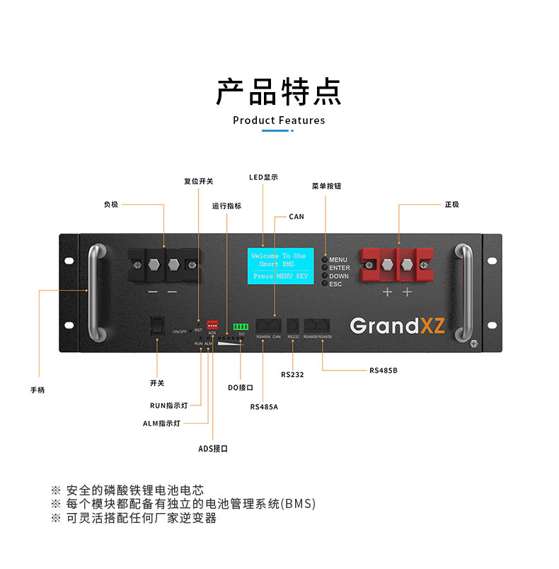 51.2V50Ah机箱电池3U储能电池GrandXZ雄展能源通讯基站太阳能储能电池
